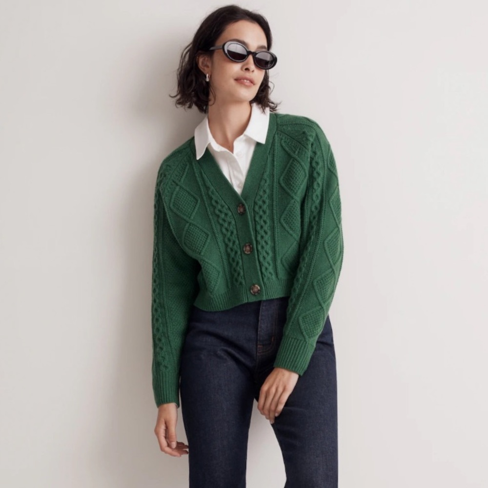 Madewell Green Cropped Cable Knit Women's Sweater